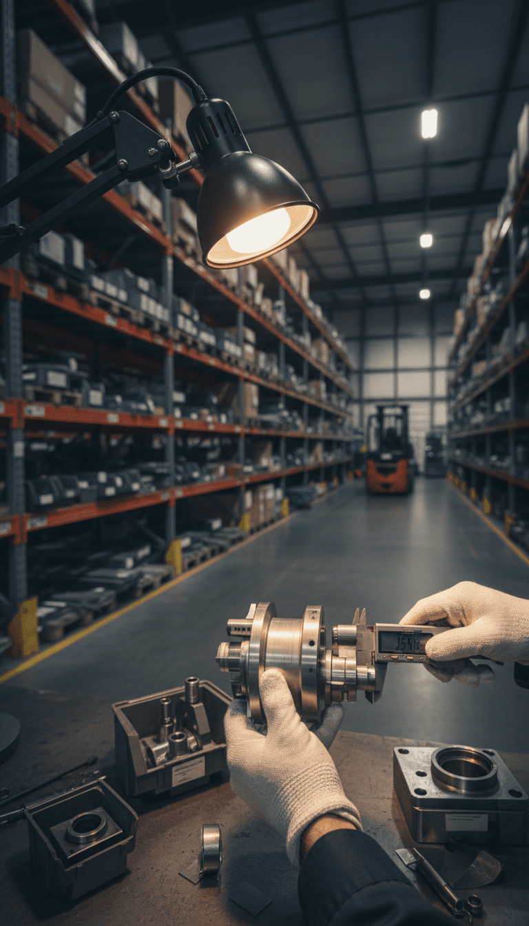 Quality control inspection of precision industrial components in a professional warehouse setting