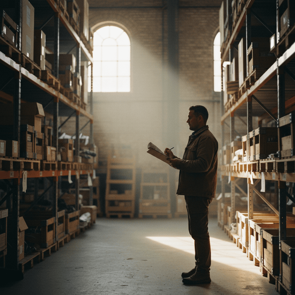 Warehouse manager conducting inventory procurement check