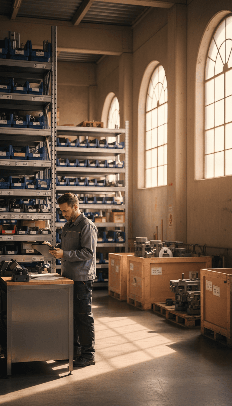 Professional worker reviewing industrial equipment documentation in an organized warehouse
