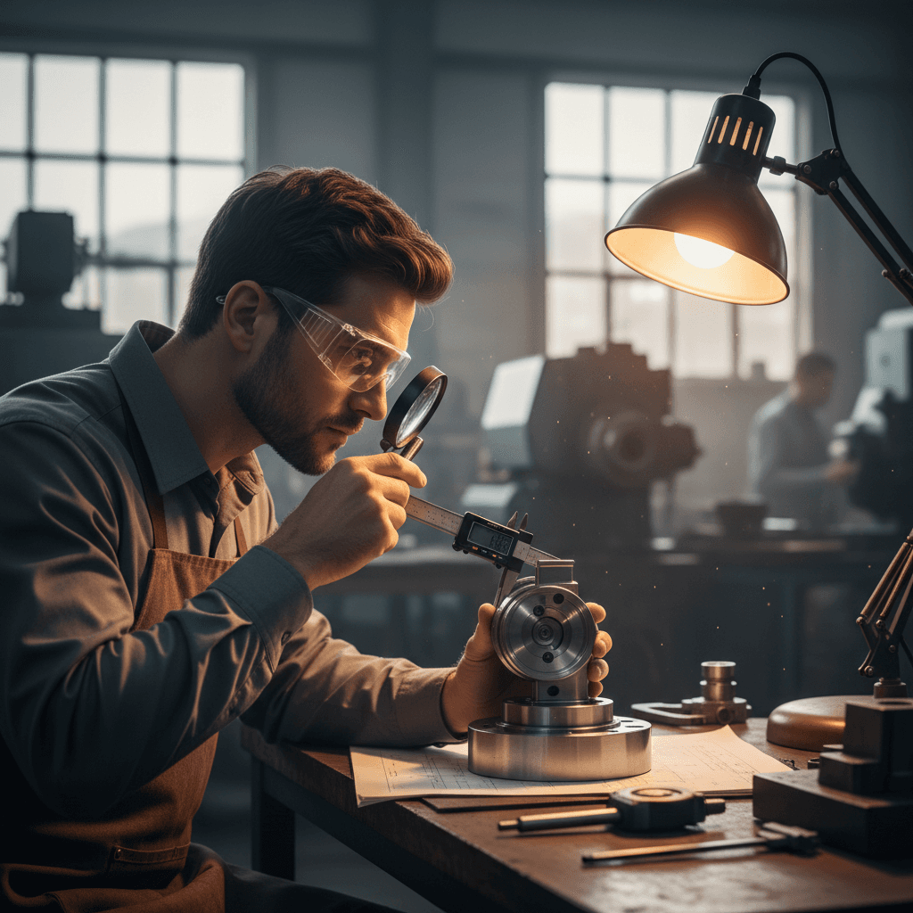 Quality control specialist examining parts for standards compliance