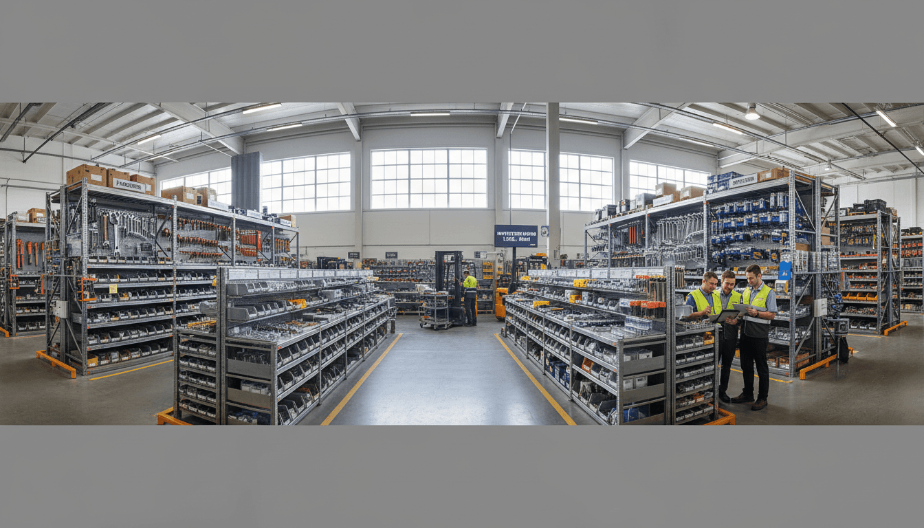 Industrial equipment and spare parts organized in warehouse